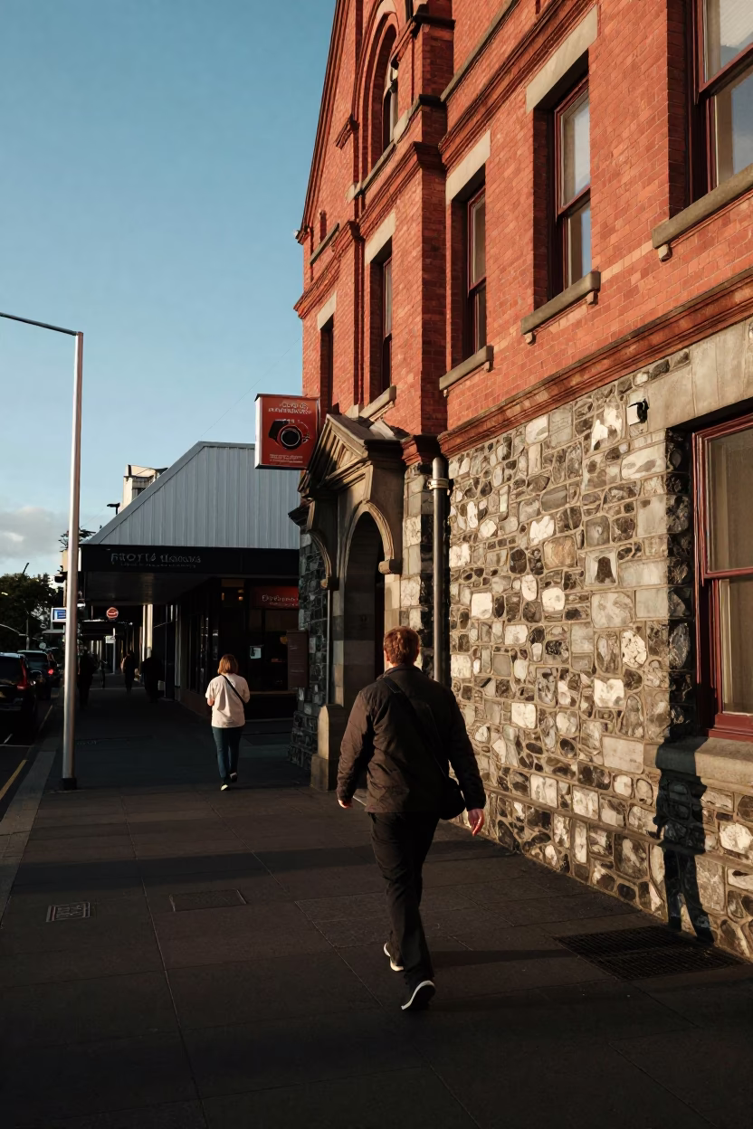 Late Afternoon Street Scene in Christchurch New Zealand with Vintage Camera and City Views in in Christchurch, New Zealand