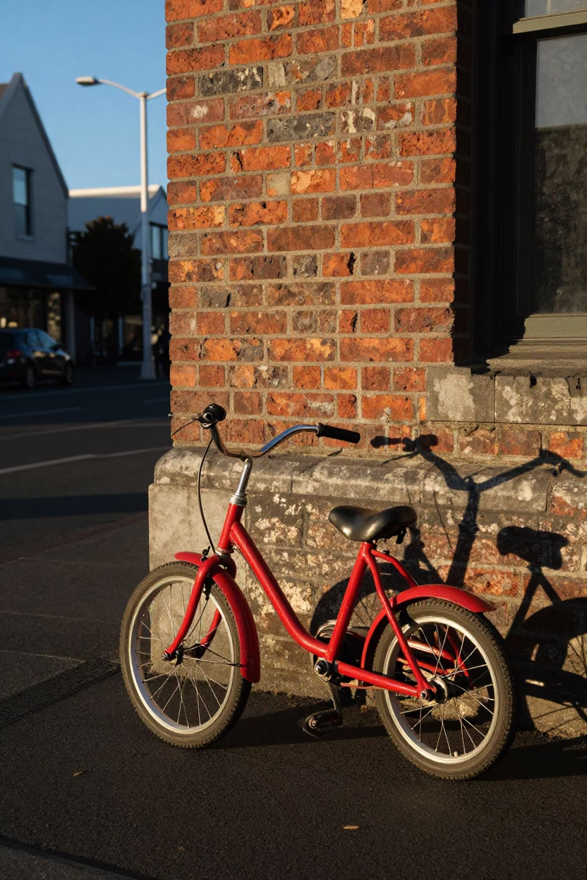 Late Afternoon Street Scene in Christchurch New Zealand with Vintage Tricycle and Urban Architecture in in Christchurch, New Zealand
