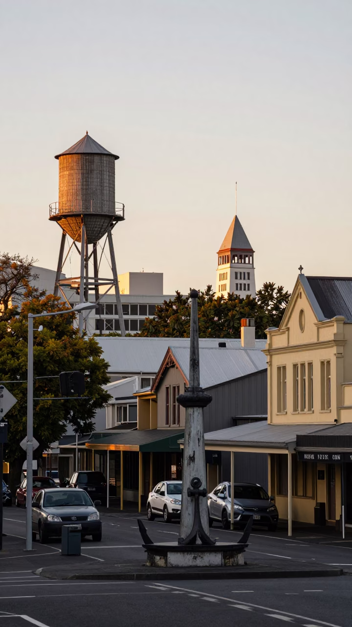 Late Afternoon Street Scene in Christchurch New Zealand with Water Tower and Rooftop Details in in Christchurch, New Zealand