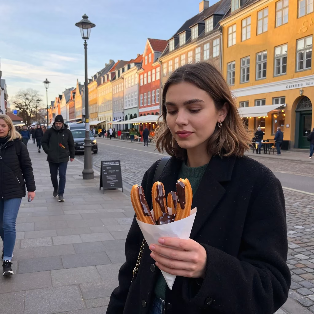 Late Afternoon Street Scene in Copenhagen Denmark with Churros and Chocolate Sauce in in Copenhagen, Denmark