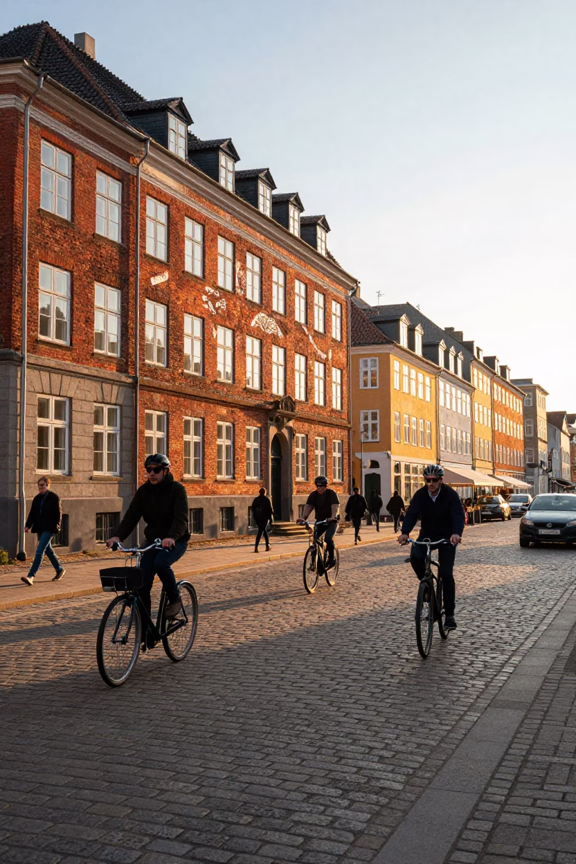 Late Afternoon Street Scene in Copenhagen Denmark with Cyclists and Historic Architecture in in Copenhagen, Denmark