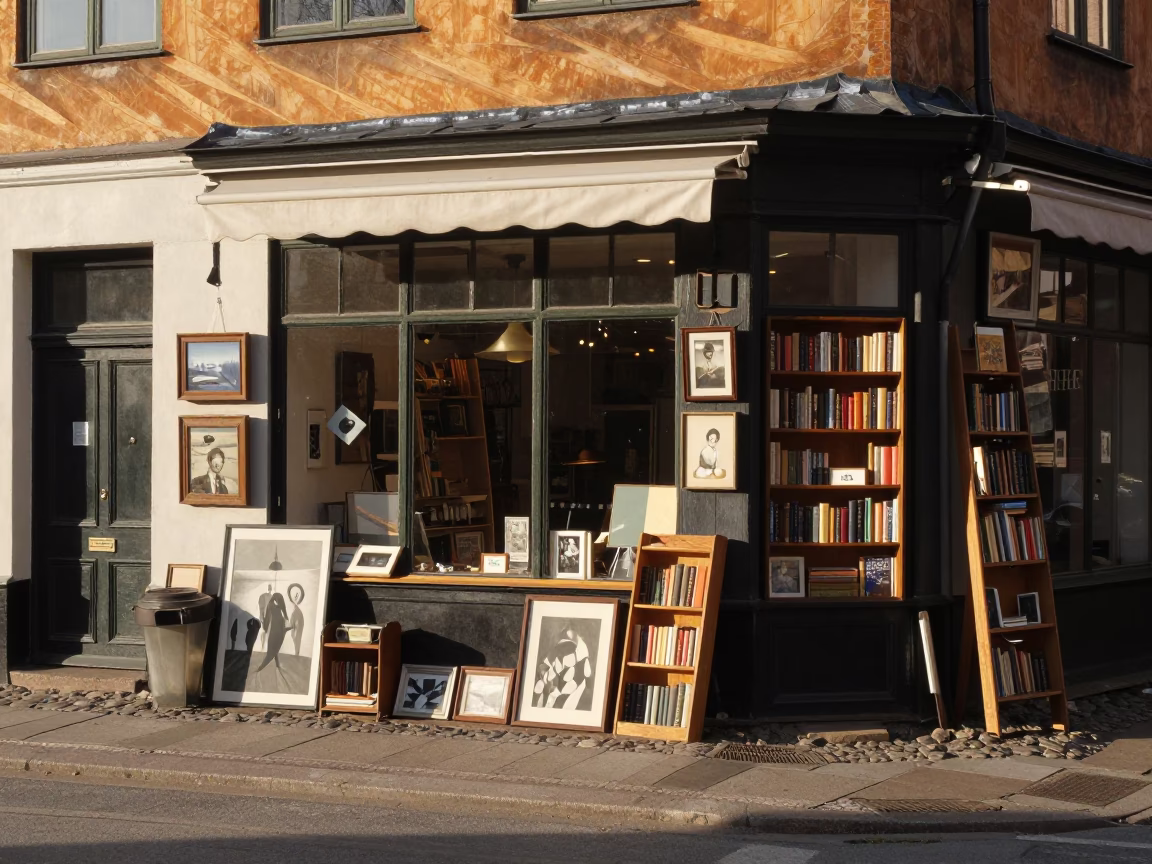 Late Afternoon Street Scene in Copenhagen with Vintage Bookends and Tea Tins in in Copenhagen, Denmark