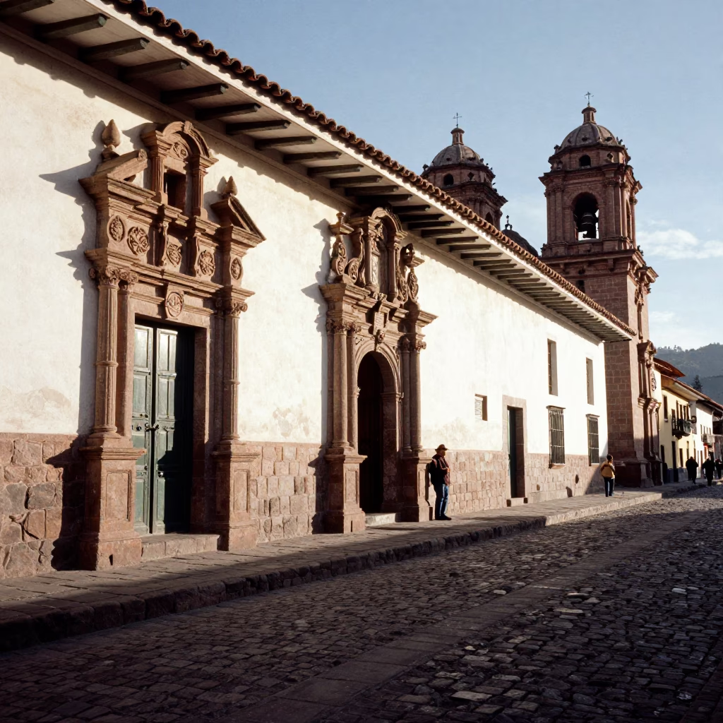 Late Afternoon Street Scene in Cusco Peru with Colonial Architecture and Local Life in in Cusco, Peru