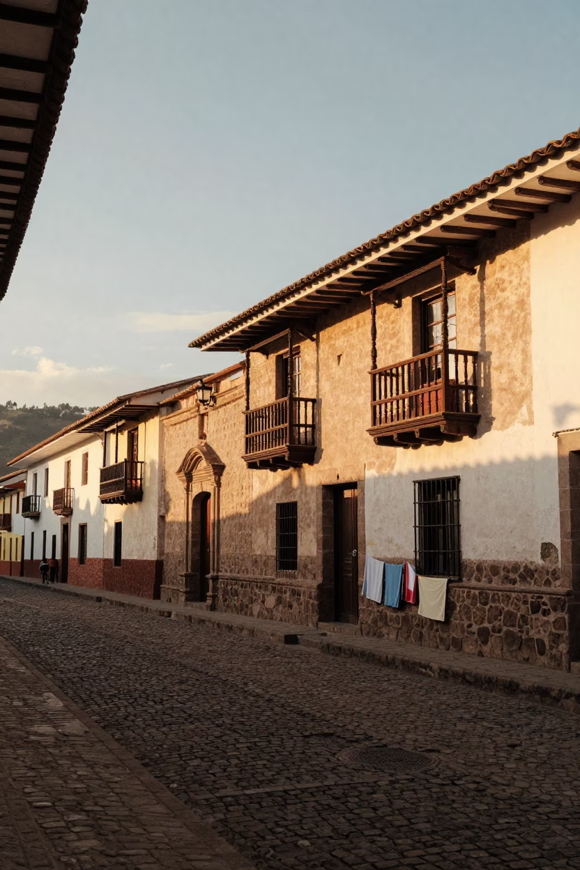 Late Afternoon Street Scene in Cusco Peru with Drying Towels and Colonial Architecture in in Cusco, Peru