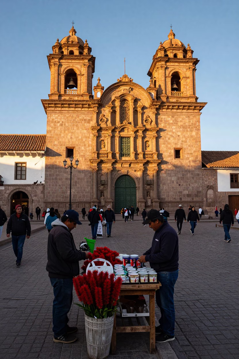 Late Afternoon Street Scene in Cusco Peru with Local Market Goods and Traditional Architecture in in Cusco, Peru