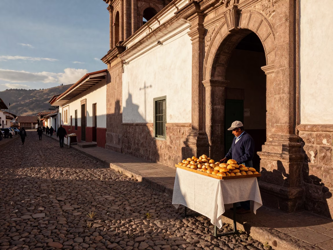 Late Afternoon Street Scene in Cusco Peru with Pastries and Linen Detail in in Cusco, Peru