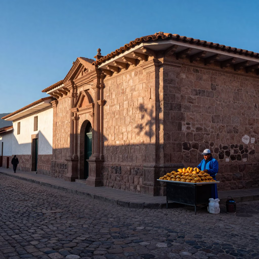 Late Afternoon Street Scene in Cusco Peru with Stone Architecture and Local Food in in Cusco, Peru
