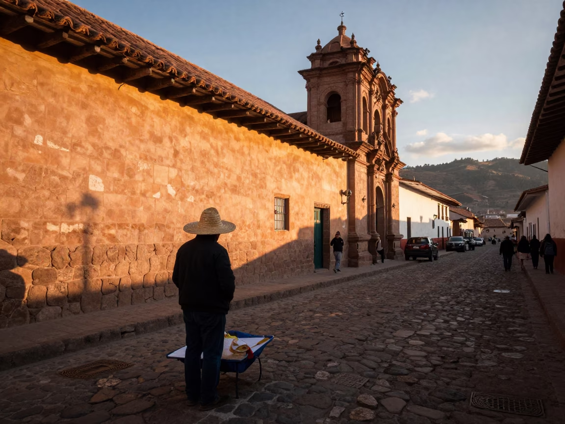 Late Afternoon Street Scene in Cusco Peru with Straw Hat Vendor and Colonial Architecture in in Cusco, Peru