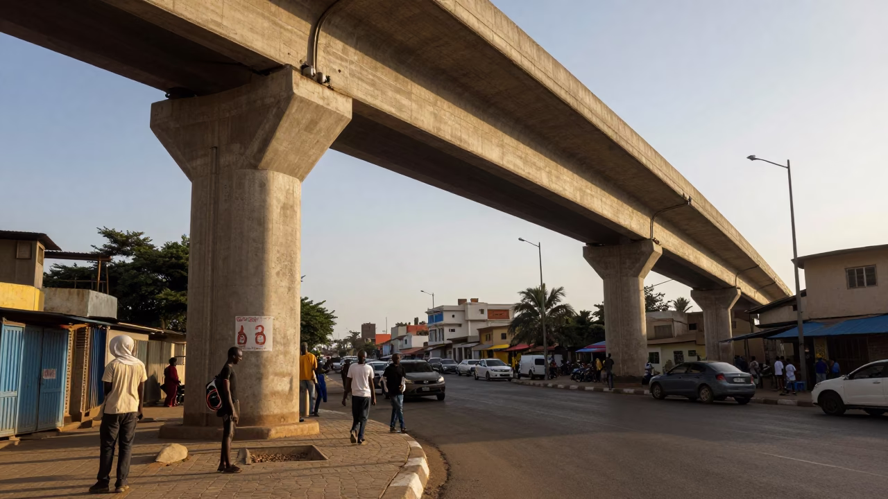 Late Afternoon Street Scene in Dakar Senegal with Concrete Viaduct and Local Market Activity in in Dakar, Senegal