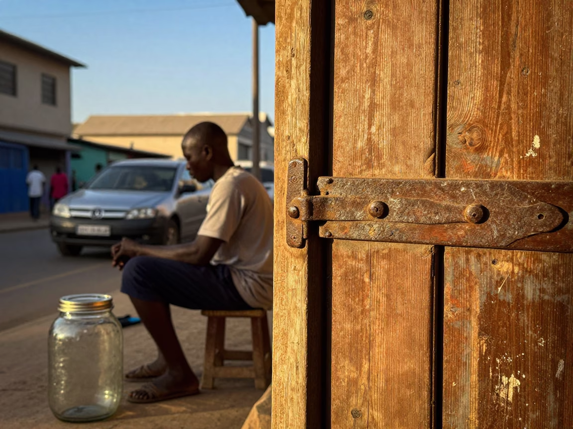 Late Afternoon Street Scene in Dakar Senegal with Glass Jar and Iron Hinge Details in in Dakar, Senegal