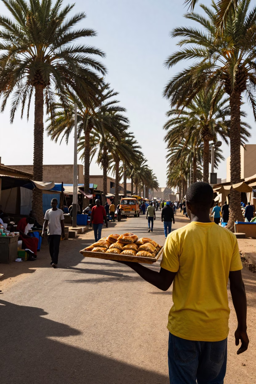 Late Afternoon Street Scene in Dakar Senegal with Local Market Activity in in Dakar, Senegal