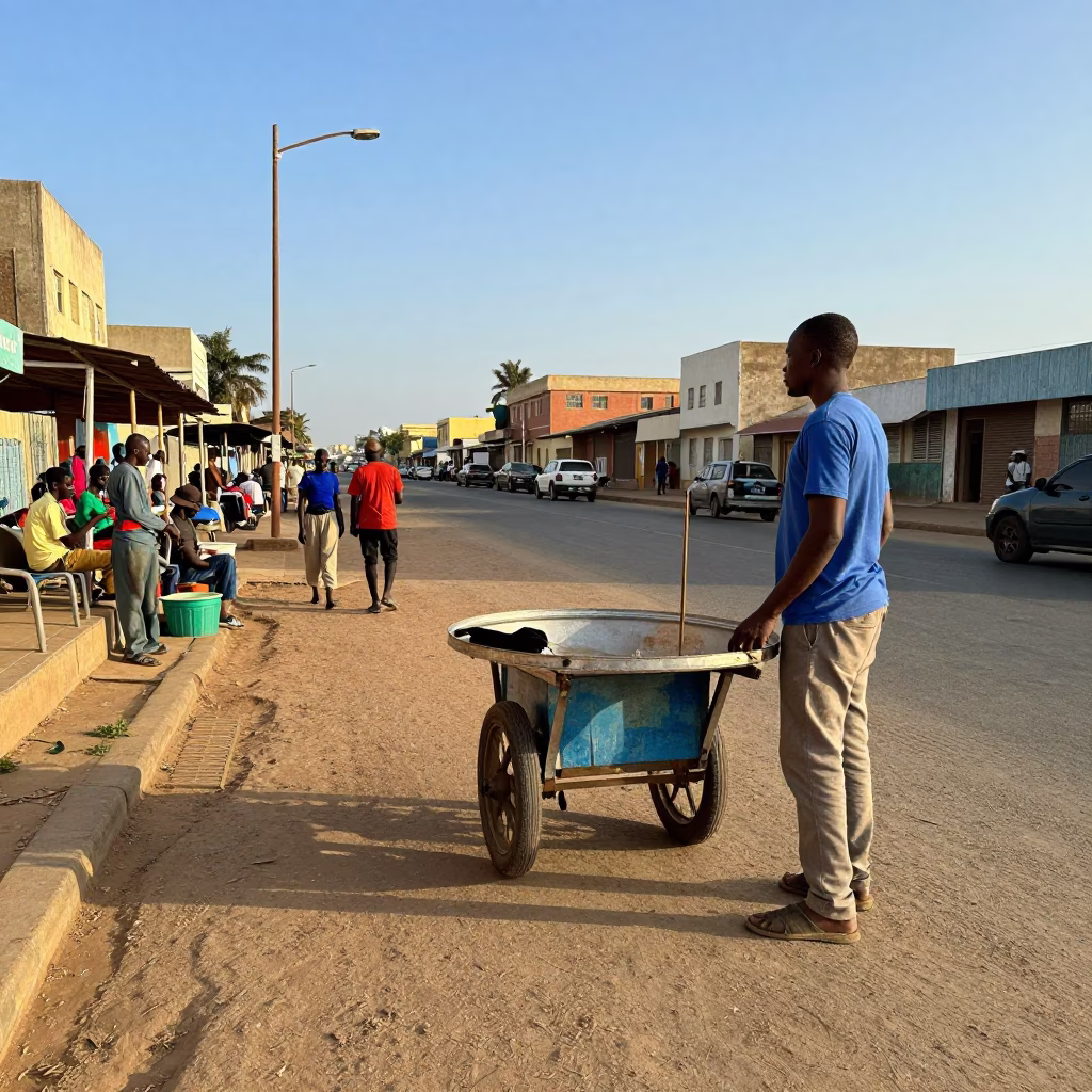 Late Afternoon Street Scene in Dakar Senegal with Local Vendor and Caster Wheel in in Dakar, Senegal