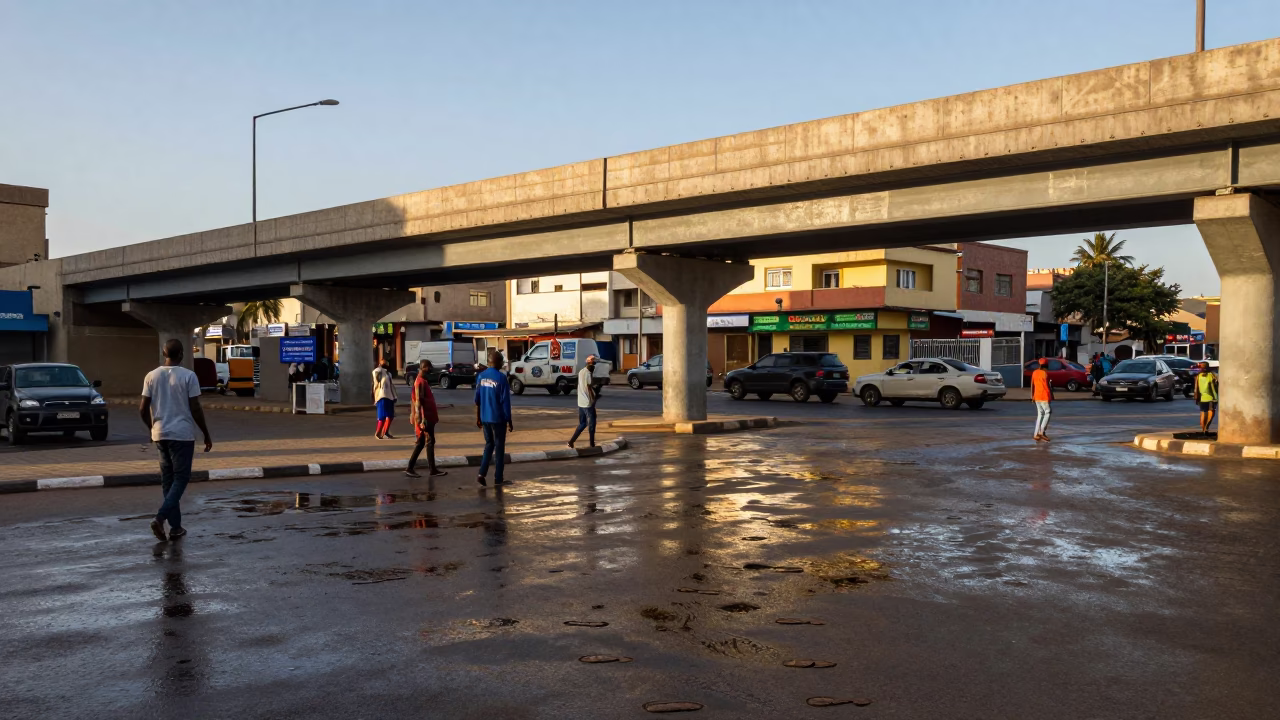 Late Afternoon Street Scene in Dakar Senegal with Pedestrian Overpass and Wet Footsteps in in Dakar, Senegal