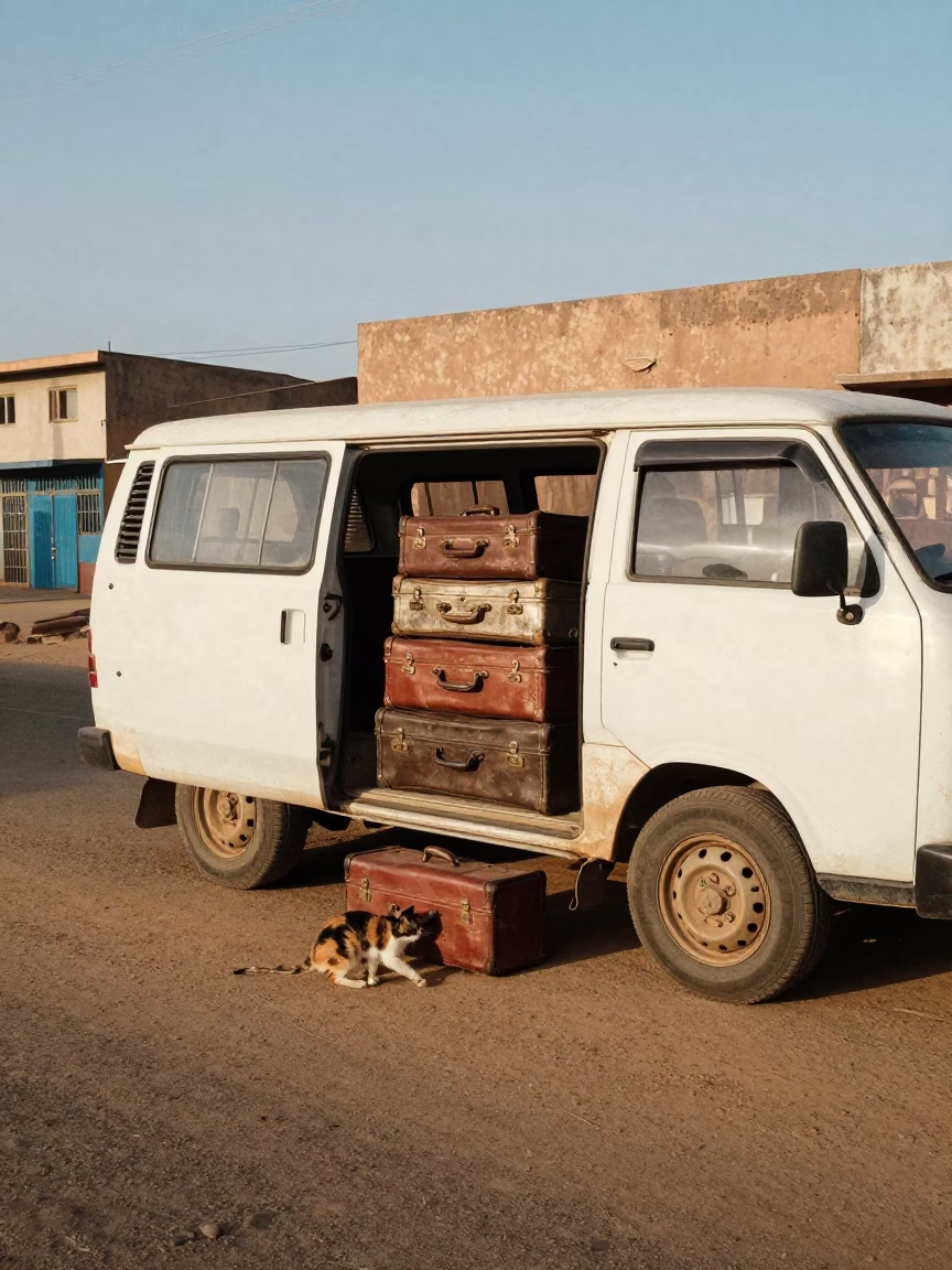 Late Afternoon Street Scene in Dakar Senegal with Suitcases and Cat in in Dakar, Senegal