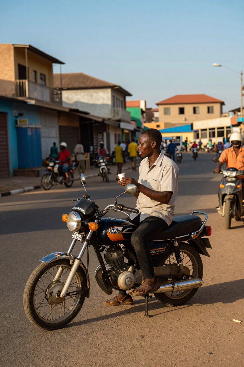 Late Afternoon Street Scene in Dakar Senegal with Vintage Motorcycle and Local Vendor in in Dakar, Senegal