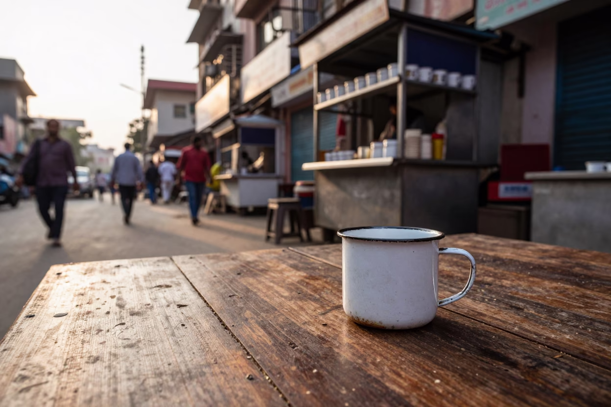 Late Afternoon Street Scene in Delhi India with Tea Stains and Vintage Motorcycle in in Delhi, India