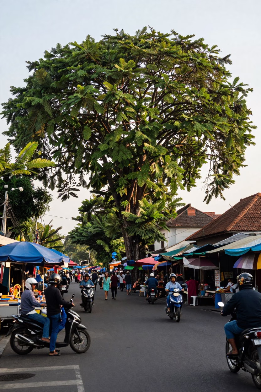 Late Afternoon Street Scene in Denpasar Bali Indonesia with Local Market Activity in in Denpasar, Indonesia