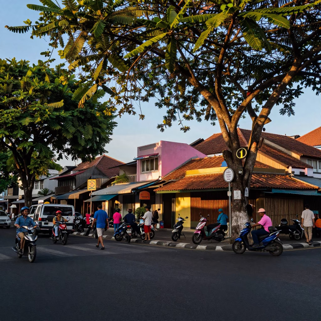 Late Afternoon Street Scene in Denpasar Indonesia with Blue and Pink Hydrangeas in in Denpasar, Indonesia