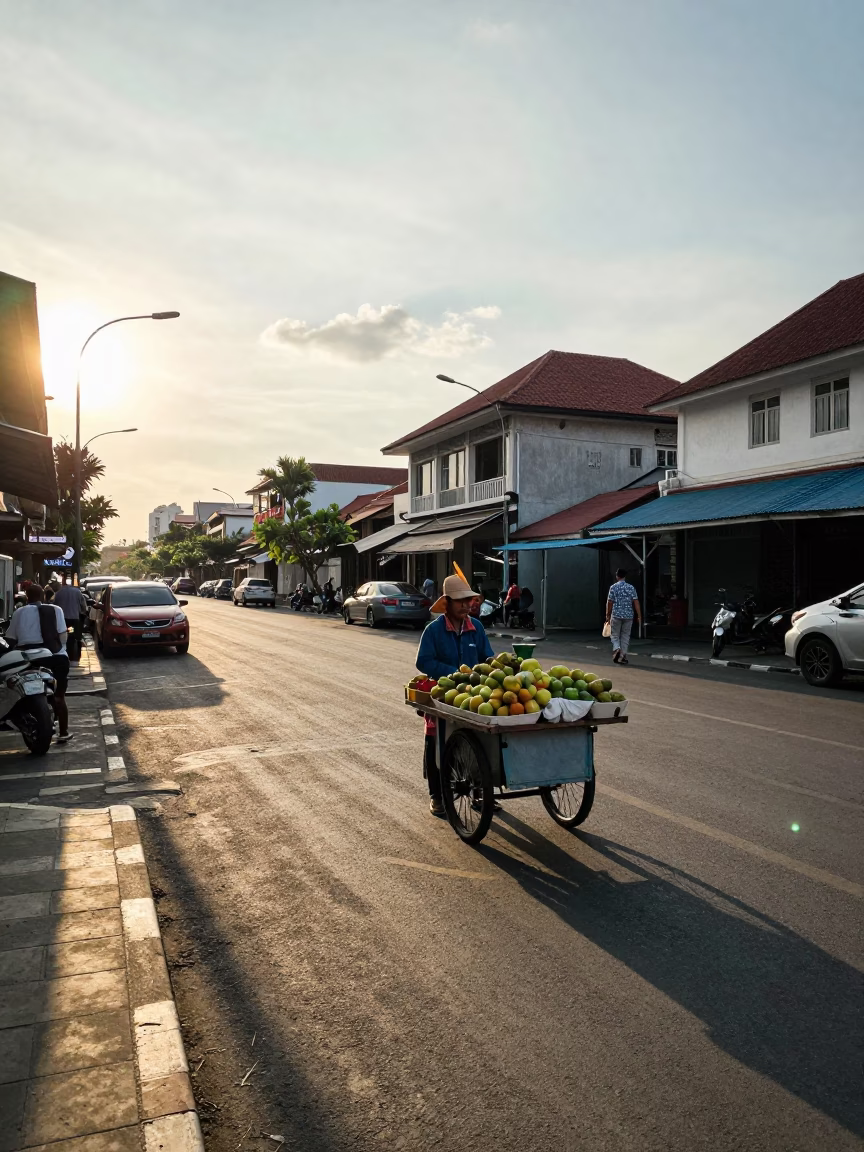 Late Afternoon Street Scene in Denpasar Indonesia with Local Vendor and Bicycle in in Denpasar, Indonesia