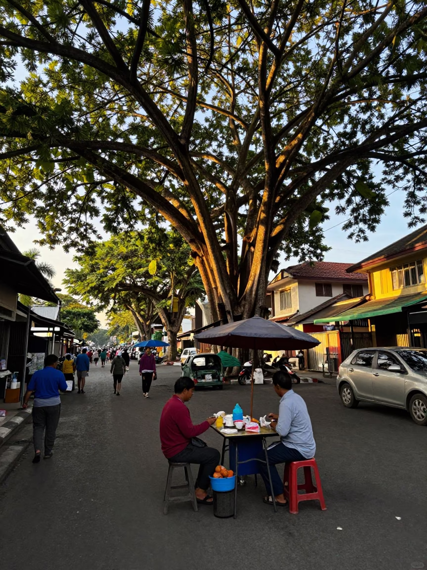 Late Afternoon Street Scene in Denpasar Indonesia with Local Vendor and Shop Details in in Denpasar, Indonesia