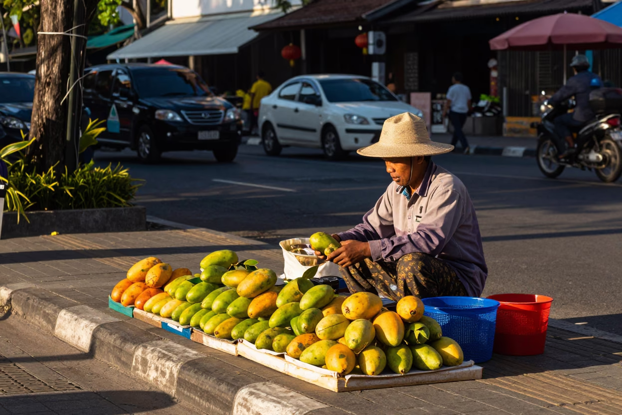 Late Afternoon Street Scene in Denpasar Indonesia with Local Vendor and Traditional Elements in in Denpasar, Indonesia