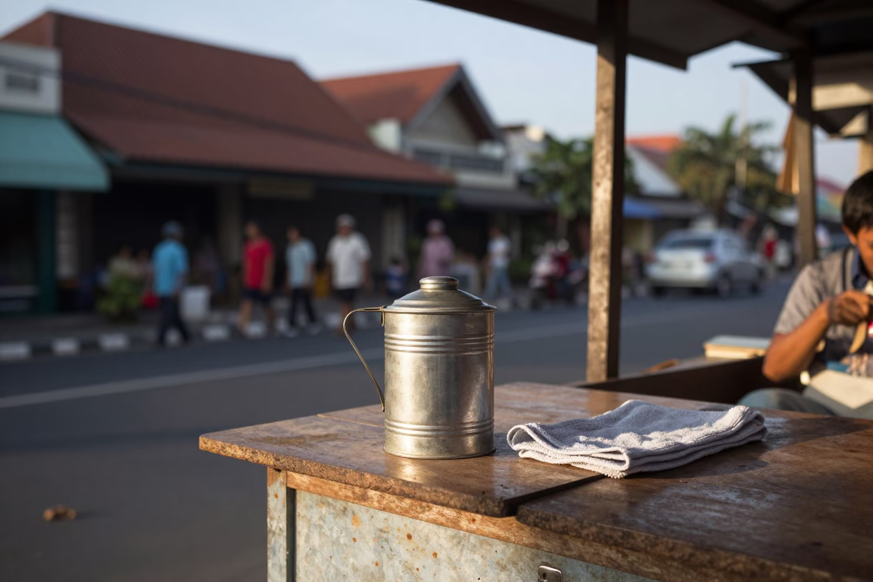 Late Afternoon Street Scene in Denpasar Indonesia with Tea Tin and Towel Hook in in Denpasar, Indonesia