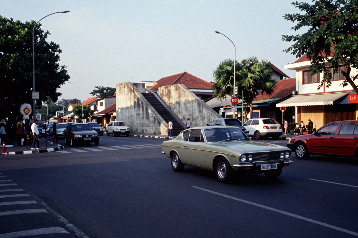 Late Afternoon Street Scene in Denpasar Indonesia with Vintage Car and Local Life in in Denpasar, Indonesia