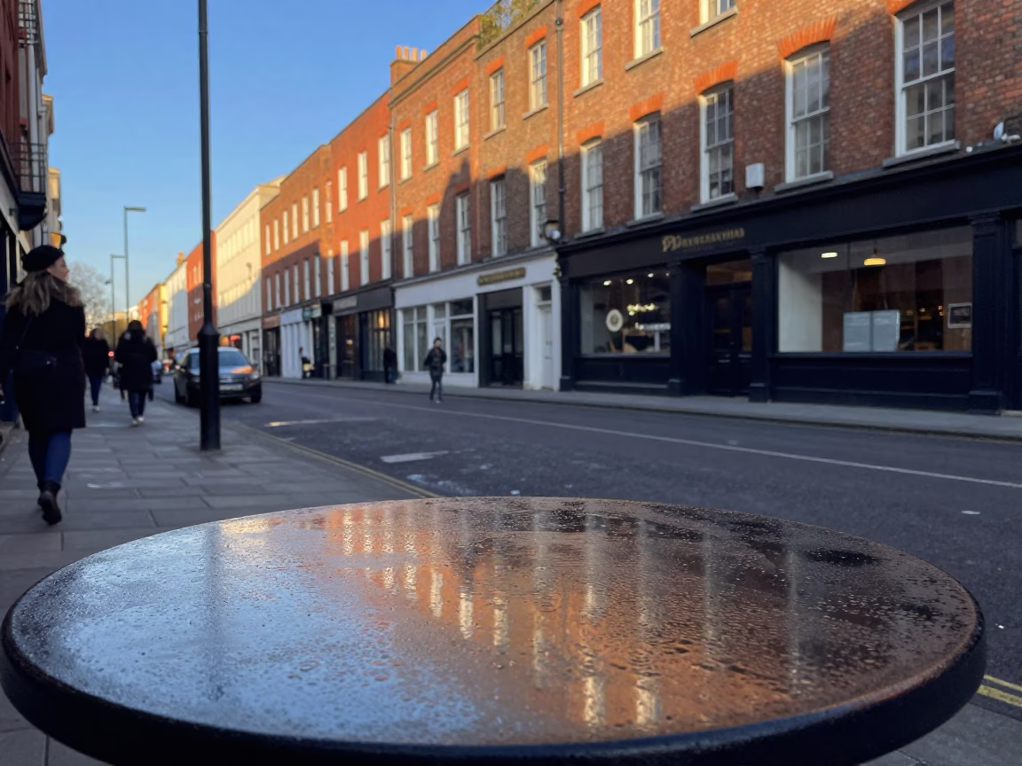 Late Afternoon Street Scene in Dublin Ireland with Condensation on Tabletop and Fresh Apples in in Dublin, Ireland