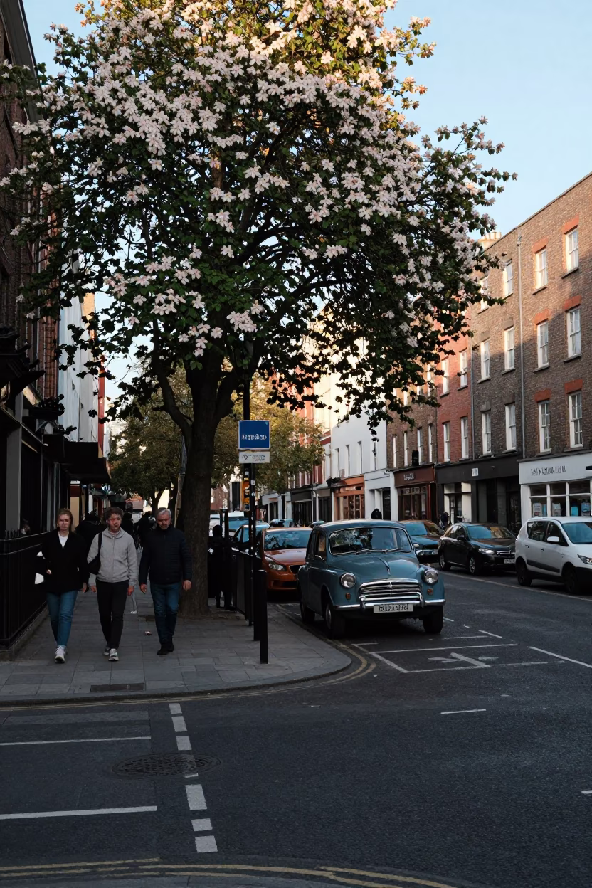 Late Afternoon Street Scene in Dublin Ireland with Vintage Cars and Traditional Architecture in in Dublin, Ireland