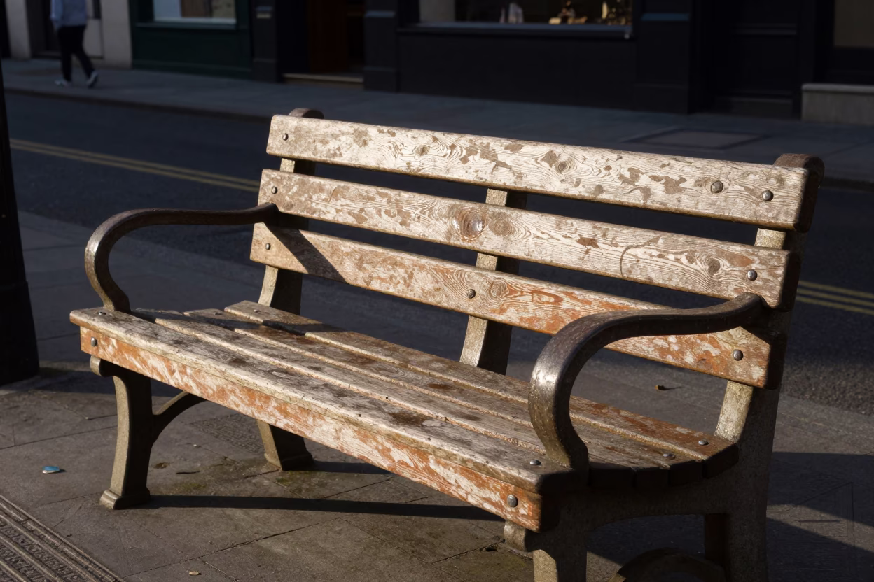 Late Afternoon Street Scene in Dublin Ireland with Wooden Bench and Urban Details in in Dublin, Ireland