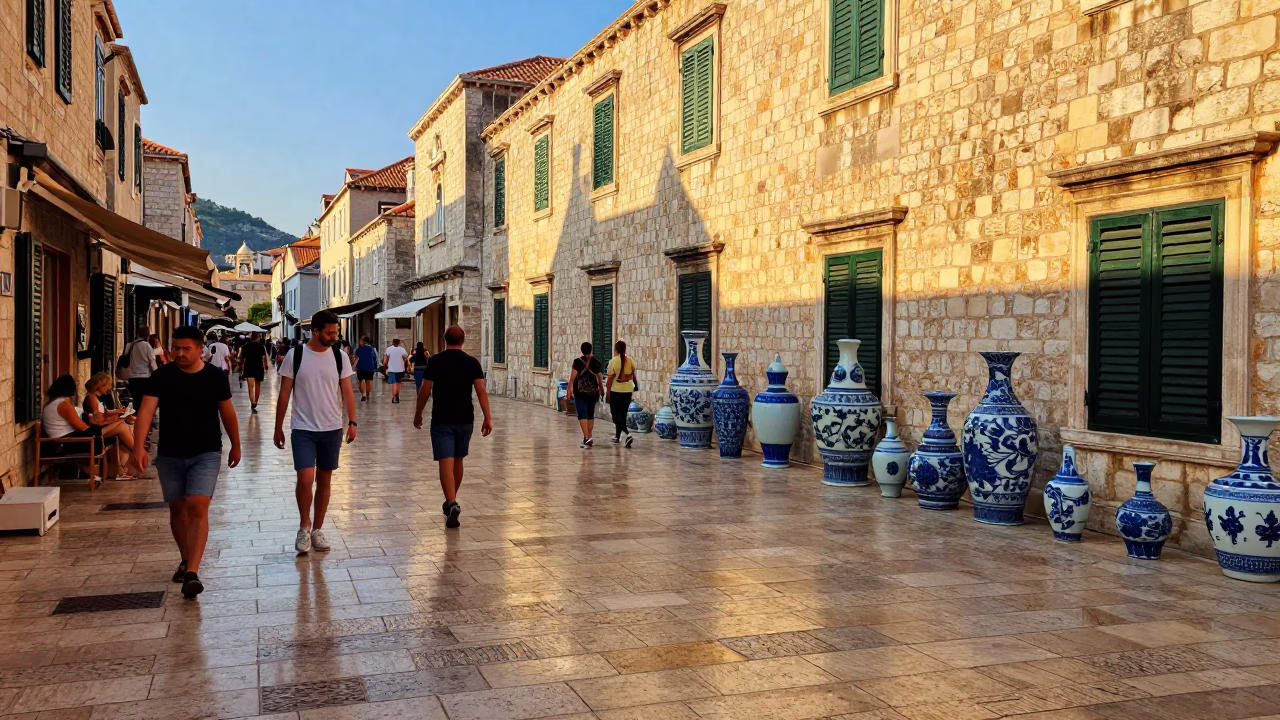 Late Afternoon Street Scene in Dubrovnik Croatia with Blue White Porcelain Jar in in Dubrovnik, Croatia