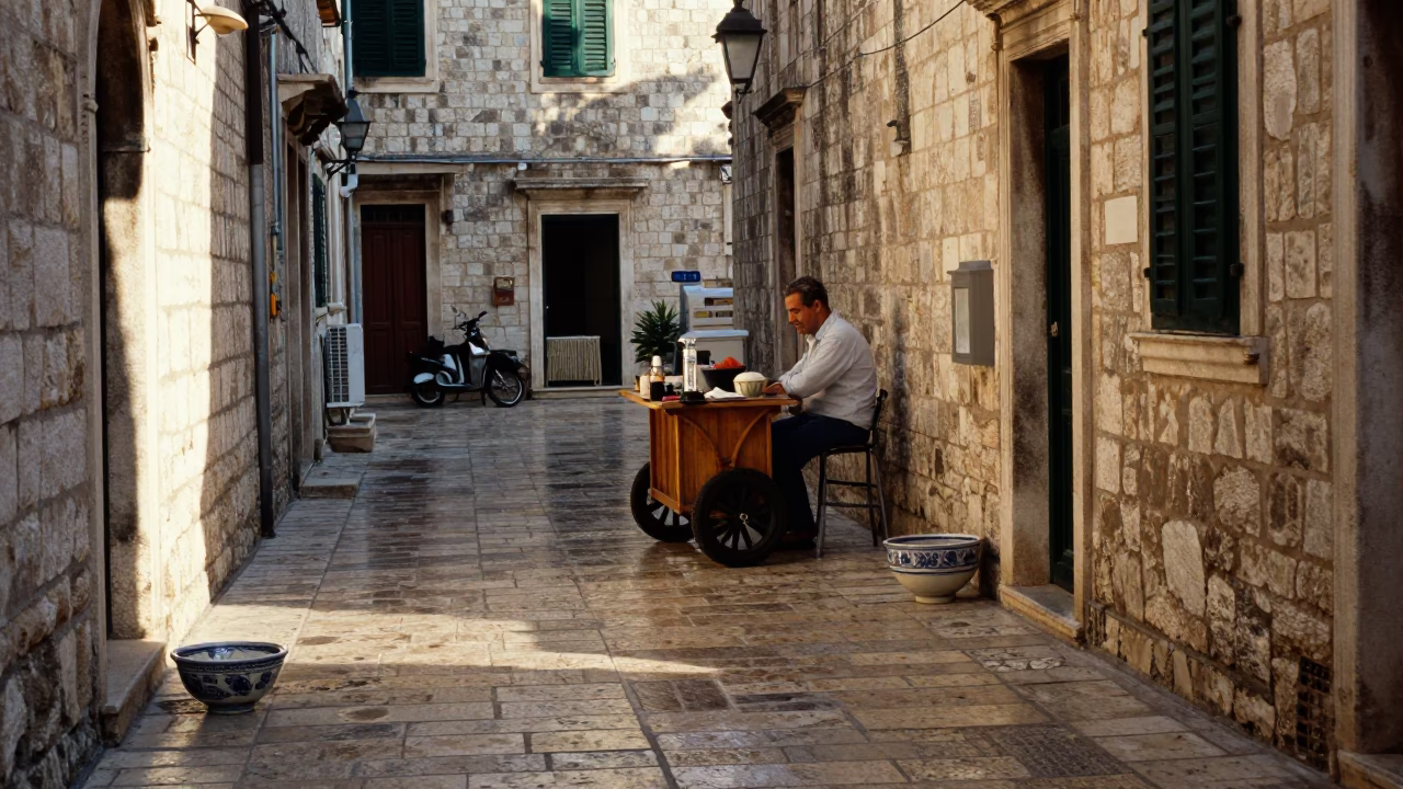 Late Afternoon Street Scene in Dubrovnik Croatia with Ceramic Bowl and Kombucha in in Dubrovnik, Croatia