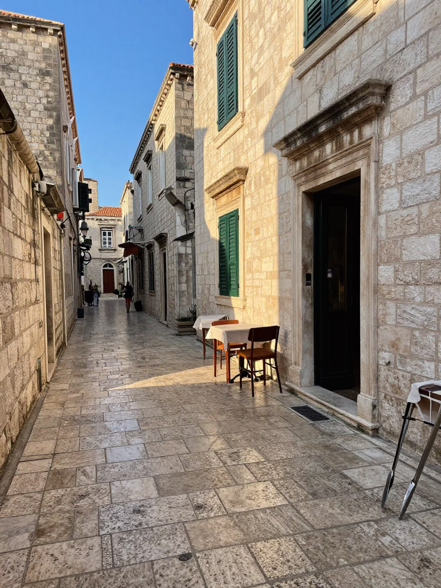Late Afternoon Street Scene in Dubrovnik Croatia with Kitchen Tongs and Skillet on Table in in Dubrovnik, Croatia