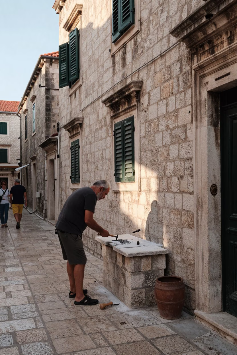 Late Afternoon Street Scene in Dubrovnik Croatia with Local Artisan in in Dubrovnik, Croatia