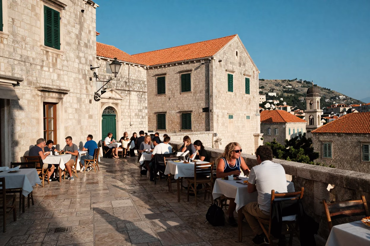 Late Afternoon Street Scene in Dubrovnik Croatia with Local Dining in in Dubrovnik, Croatia