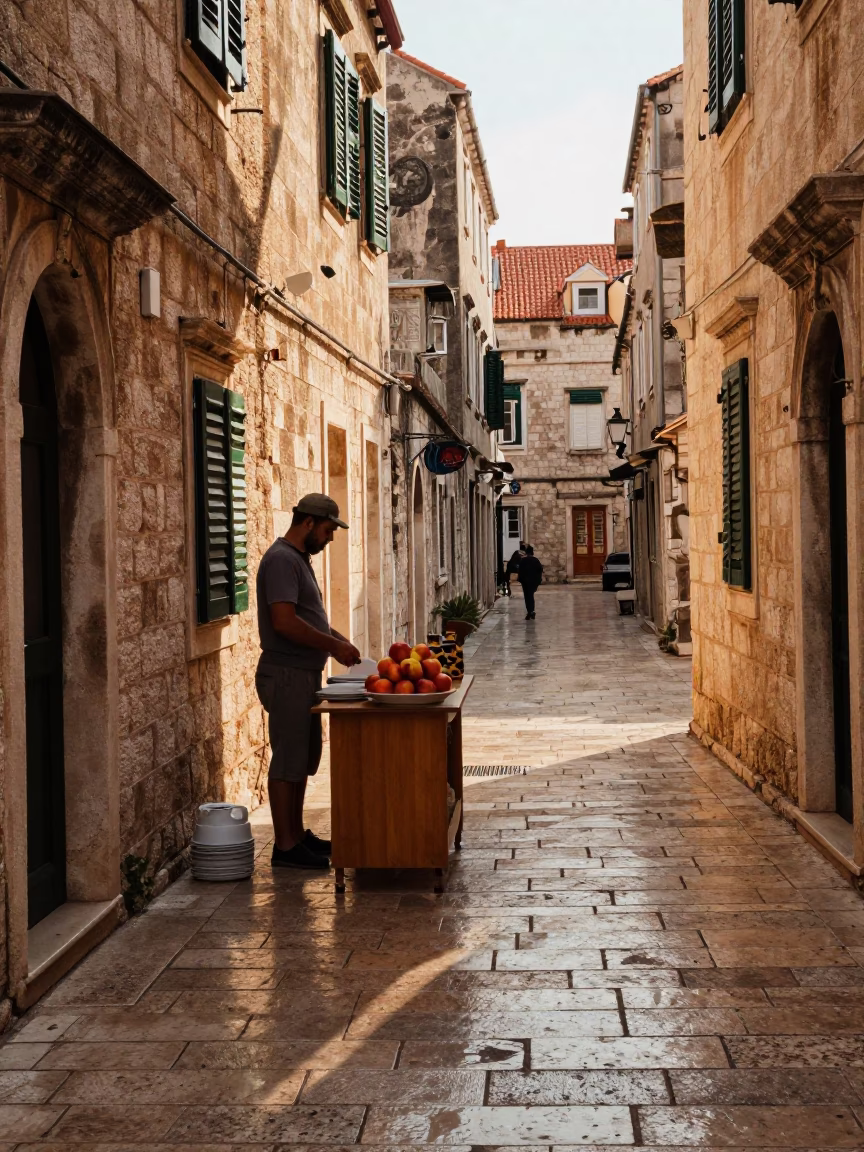 Late Afternoon Street Scene in Dubrovnik Croatia with Nectarines and Ceramic Bowl in in Dubrovnik, Croatia