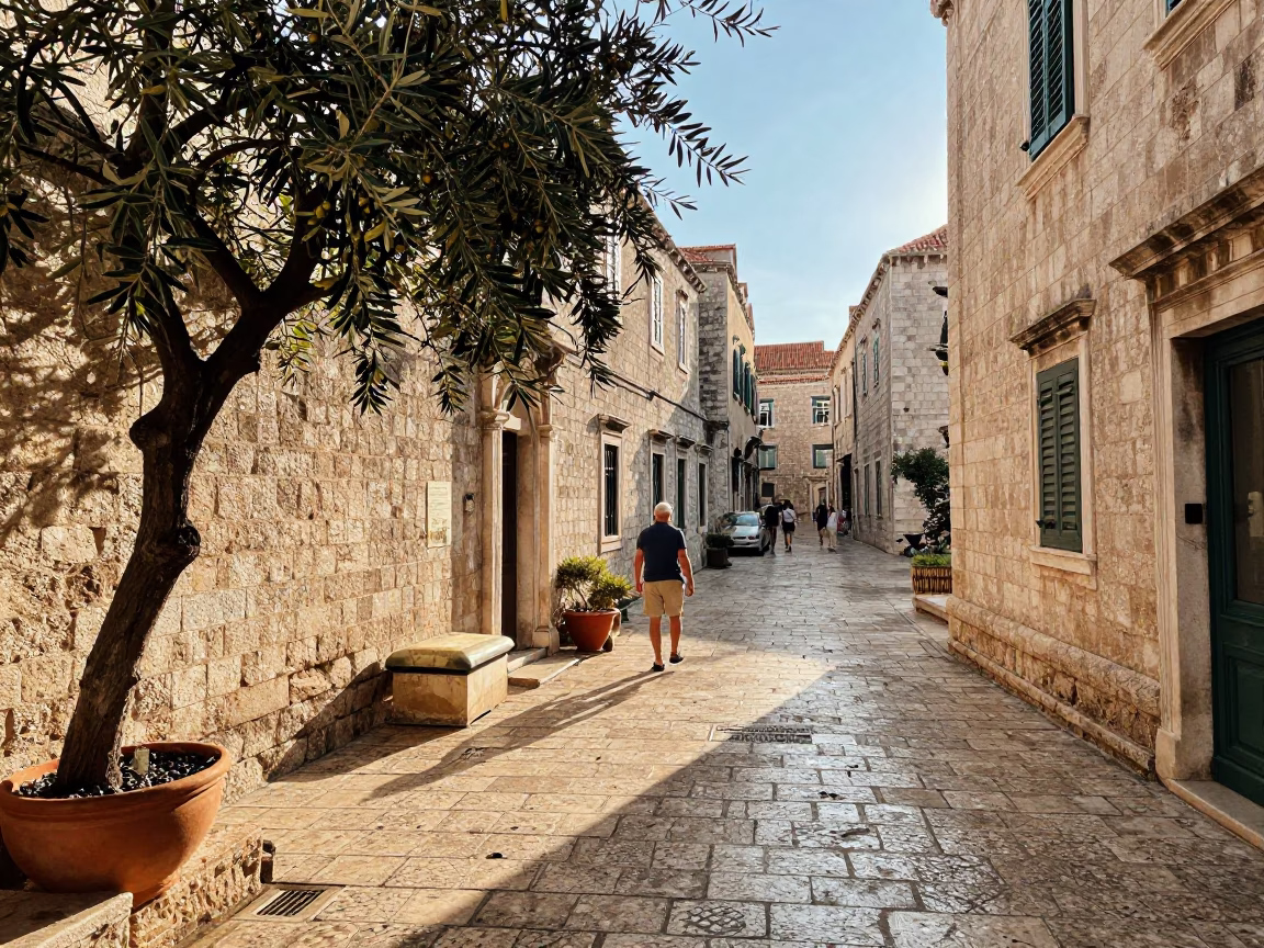 Late Afternoon Street Scene in Dubrovnik Croatia with Olives and Local Life in in Dubrovnik, Croatia