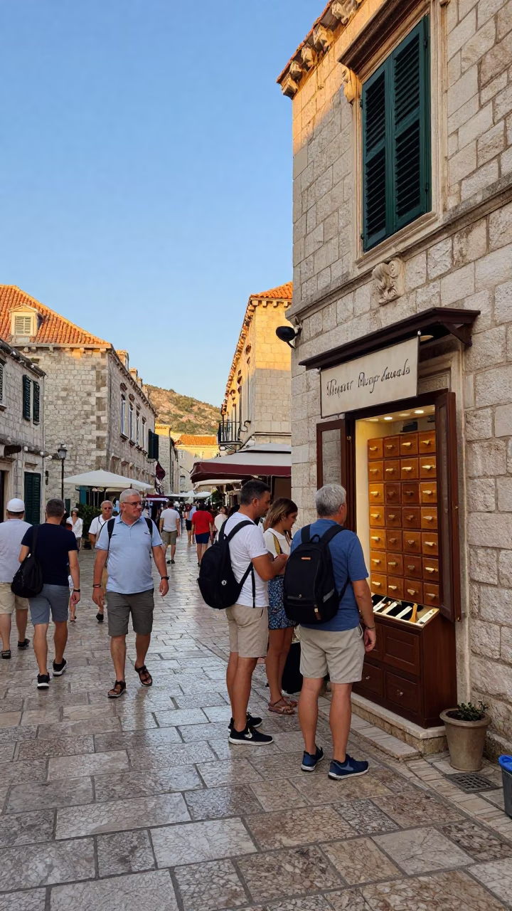 Late Afternoon Street Scene in Dubrovnik Croatia with Tourists and Traditional Architecture in in Dubrovnik, Croatia