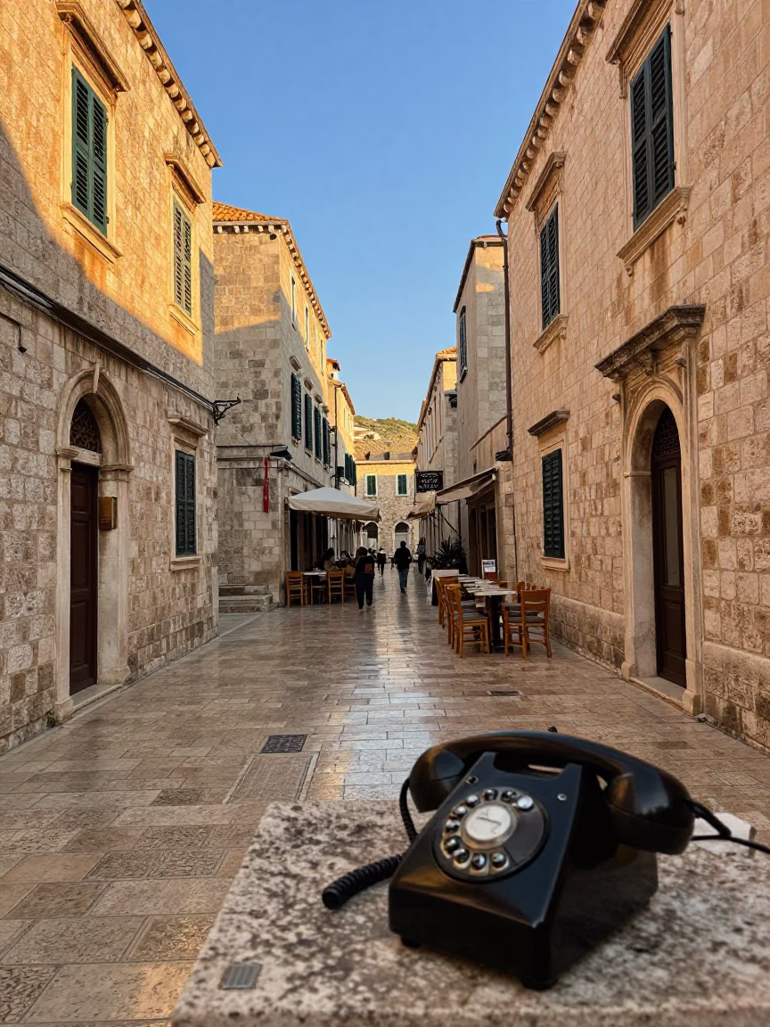 Late Afternoon Street Scene in Dubrovnik Croatia with Vintage Bakelite Telephone in in Dubrovnik, Croatia