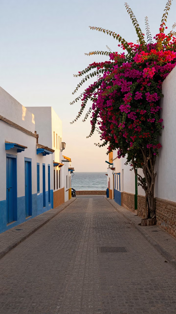 Late Afternoon Street Scene in Essaouira Morocco with Bougainvillea and Coastal Architecture in in Essaouira, Morocco