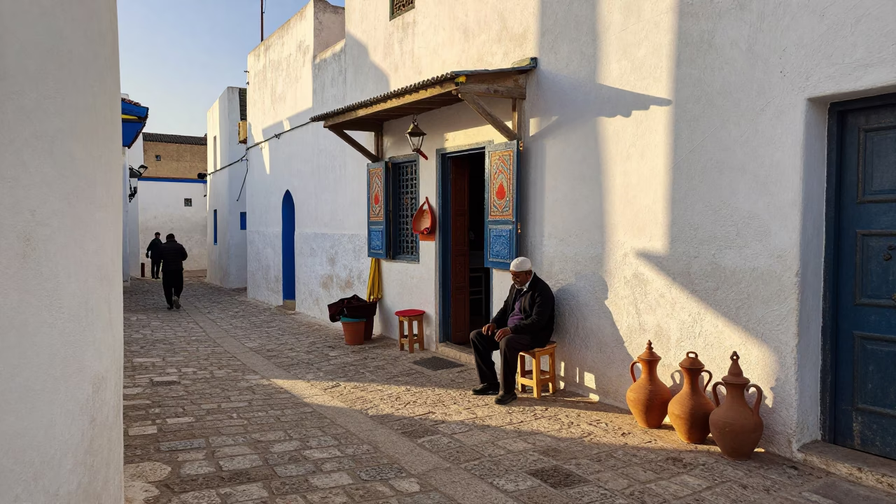 Late Afternoon Street Scene in Essaouira Morocco with Clay Teapot and Dried Flowers in in Essaouira, Morocco