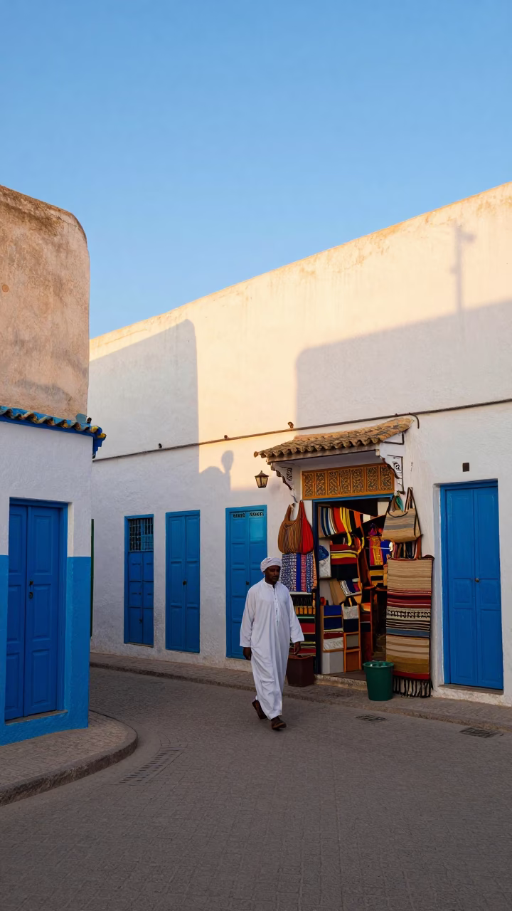 Late Afternoon Street Scene in Essaouira Morocco with Colorful Facades and Local Life in in Essaouira, Morocco