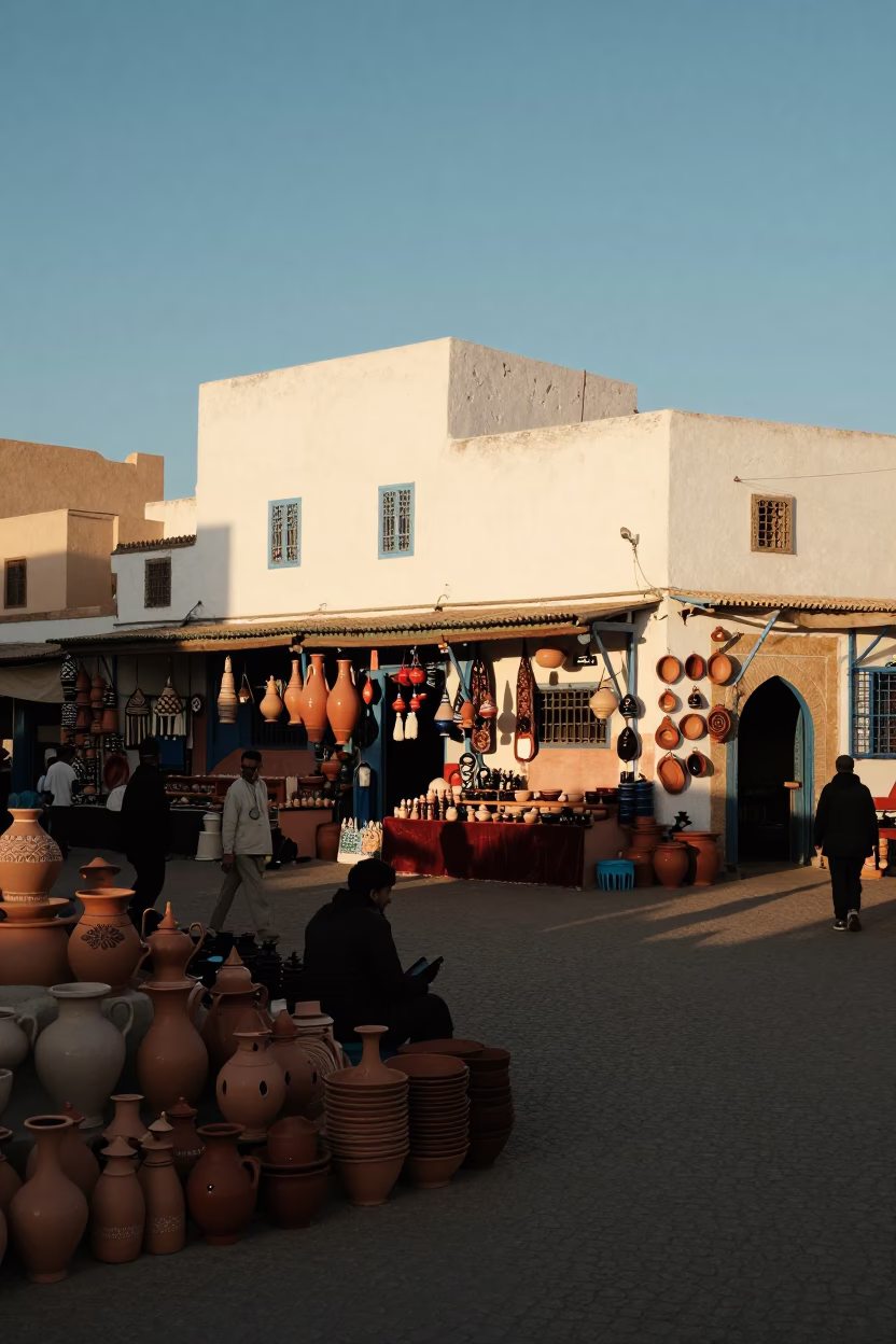 Late Afternoon Street Scene in Essaouira Morocco with Pottery Market and Clear Glass Rail in in Essaouira, Morocco