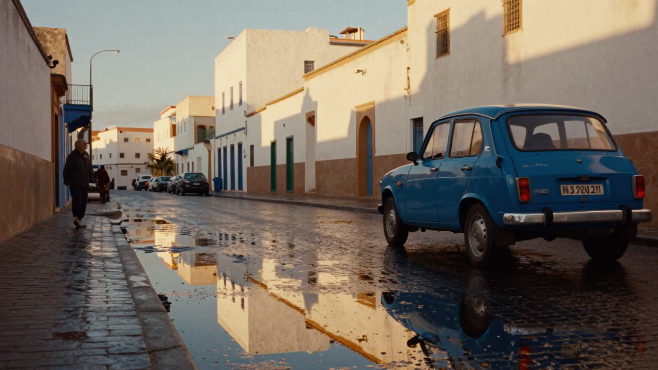 Late afternoon street scene in Essaouira Morocco with puddle reflections and local activity in in Essaouira, Morocco