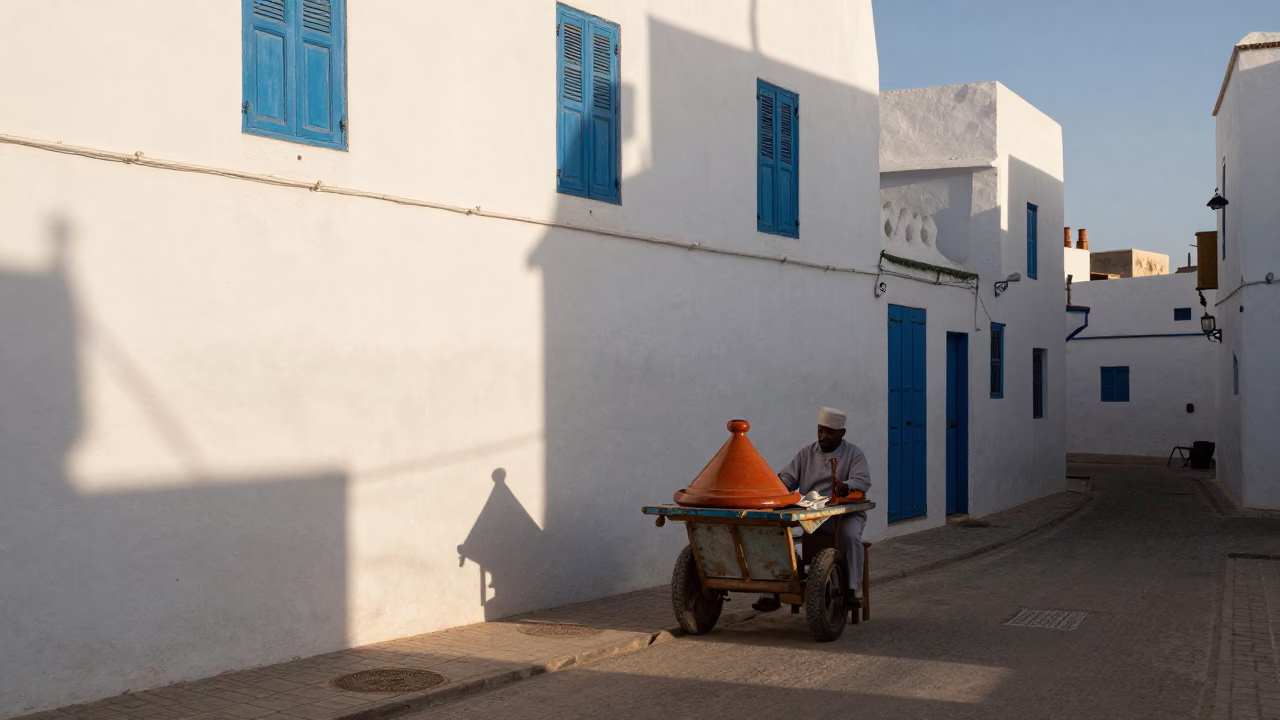 Late Afternoon Street Scene in Essaouira Morocco with Traditional Tagine Pot in in Essaouira, Morocco