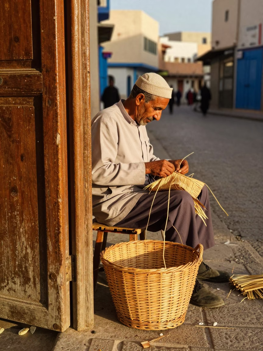 Late Afternoon Street Scene in Essaouira Morocco with Wicker Basket and Scuffed Wood in in Essaouira, Morocco
