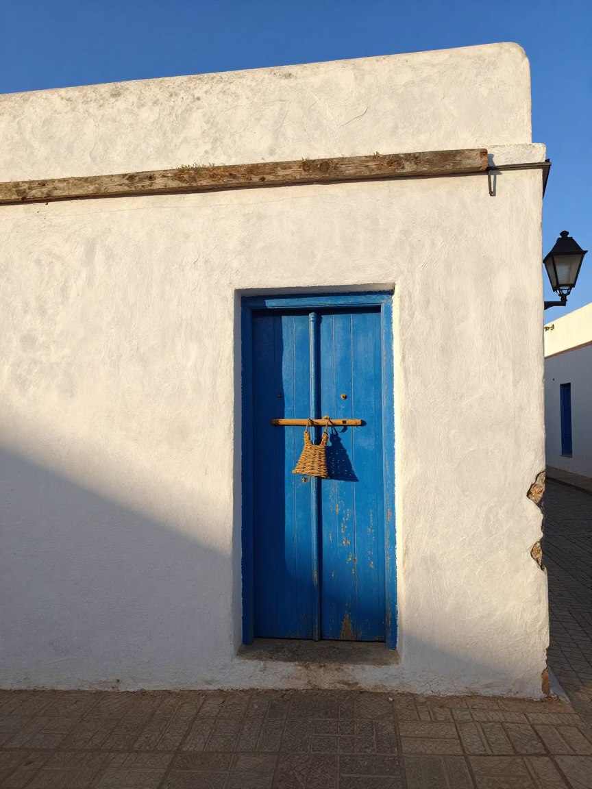 Late Afternoon Street Scene in Essaouira Morocco with Wicker Shadow on Latch in in Essaouira, Morocco