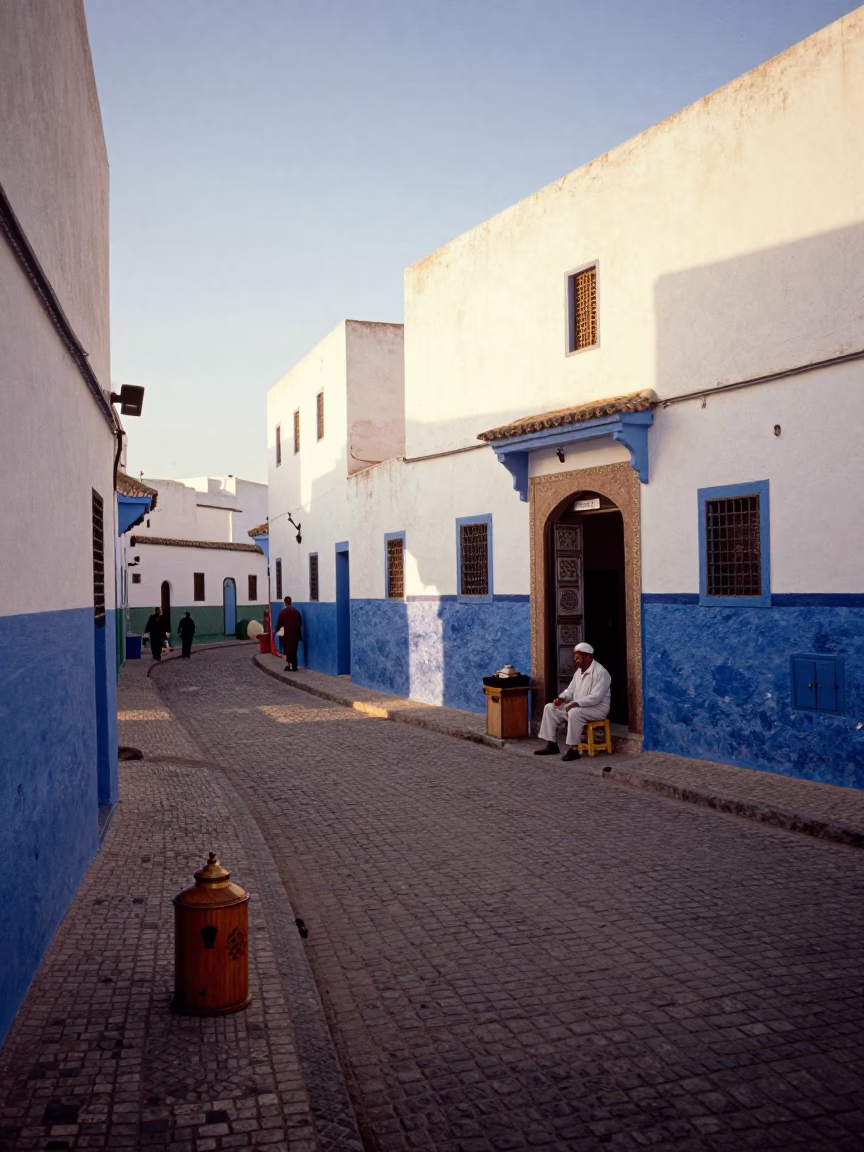 Late Afternoon Street Scene in Essaouira Morocco with Wooden Tea Tin and Coastal Life in in Essaouira, Morocco