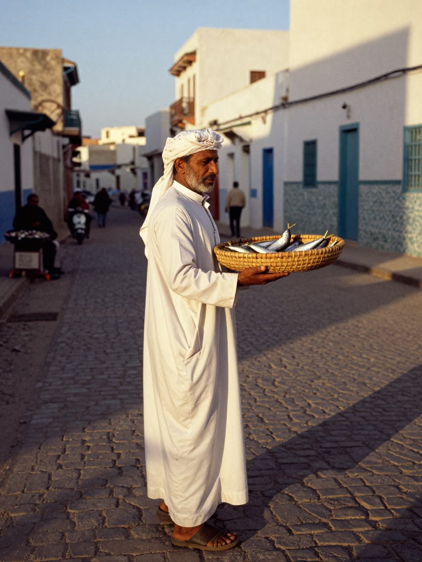 Late Afternoon Street Scene in Essaouira Morocco with Woven Basket Tray in in Essaouira, Morocco