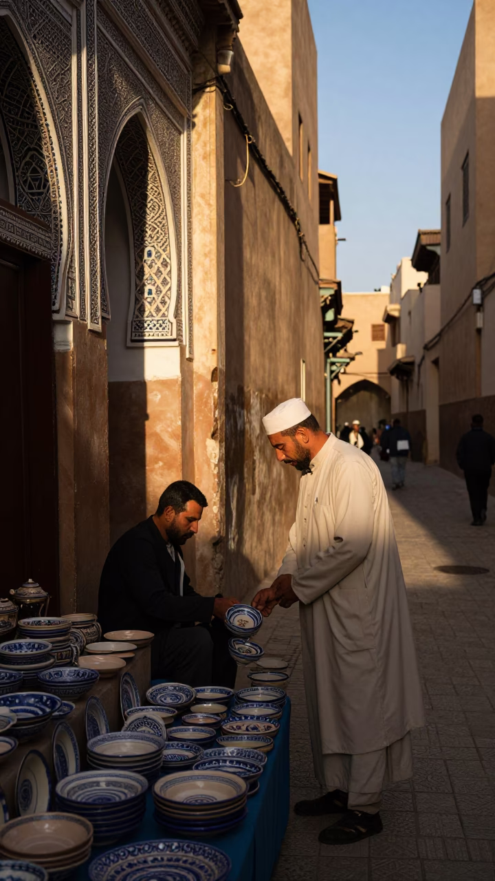 Late Afternoon Street Scene in Fez Morocco with Ceramic Plates and Traditional Mezze in in Fez, Morocco